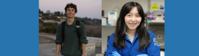 A compilation image showing two individuals, Samuel Degen and Zenya Bian, who were awarded the 2026 Goldwater Scholarship. Samuel is wearing a green shirt and backpack and Zenya is wearing a blue lab coat.