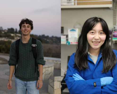 A compilation image showing two individuals, Samuel Degen and Zenya Bian, who were awarded the 2026 Goldwater Scholarship. Samuel is wearing a green shirt and backpack and Zenya is wearing a blue lab coat.
