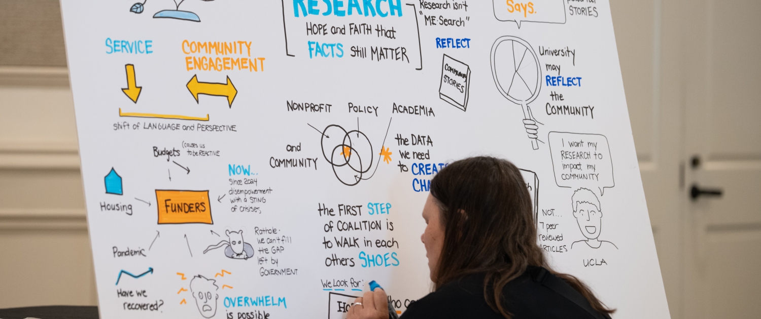 260313_UCLA_CenterForCommunityEngagement-28 A woman draws on a large poster board.