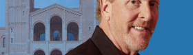 A composite image of a man with blonde hair wearing a black button down shirt in front of Royce Hall at UCLA.