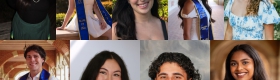 A composite of nine individual photos. Graduating students pose and smile at the camera.