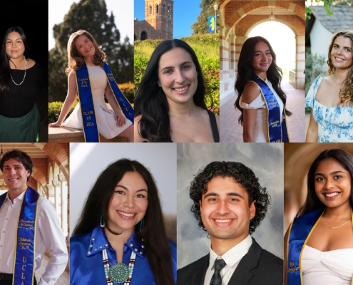 A composite of nine individual photos. Graduating students pose and smile at the camera.