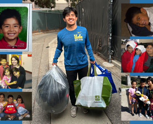 Collage showing Cristopher Espino in blue UCLA shirt carrying donation bags, surrounded by childhood and family photos from different life stages.