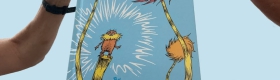 Two sets of hands hold The Lorax by Dr. Seuss against a light blue background. There is blue text that says "Episode 1.5 Reading The Lorax in an age of polarization"
