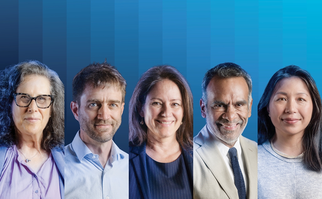 From left to right: Helen Deutsch, Wesley Campbell, Martha Bailey, Eric Avila and Elaine Hsiao; against a blue graphic background. Helen Deutsch wears a purple collared shirt, Wesley Campbell wears a light blue button down, Martha Bailey wears a matching navy pinstripe shirt and blazer, Eric Avila wears a tan suite with a dark blue tie, and Elaine Hsiao wears a light grey sweater.