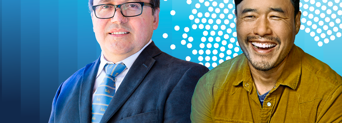 Miguel García-Garibay, left, and Randall Park against a blue graphic background; García-Garibary wears a suit and glasses, Park in a mustard shirt.