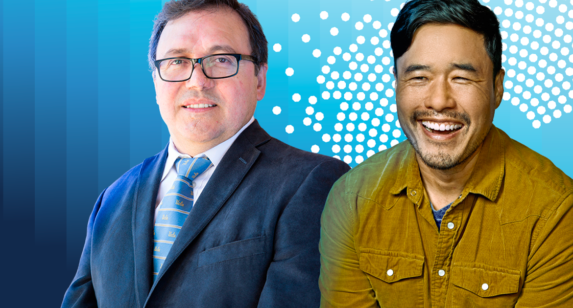 Miguel García-Garibay, left, and Randall Park against a blue graphic background; García-Garibary wears a suit and glasses, Park in a mustard shirt.