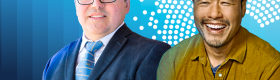 Miguel García-Garibay, left, and Randall Park against a blue graphic background; García-Garibary wears a suit and glasses, Park in a mustard shirt.