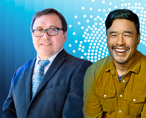 Miguel García-Garibay, left, and Randall Park against a blue graphic background; García-Garibary wears a suit and glasses, Park in a mustard shirt.