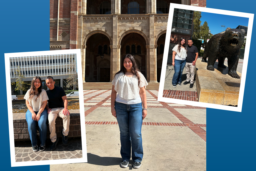 Newsroom-TransferStudents_v5 A collage of Nathaly Blas and her father, Jackson, on UCLA's campus against a blue background.