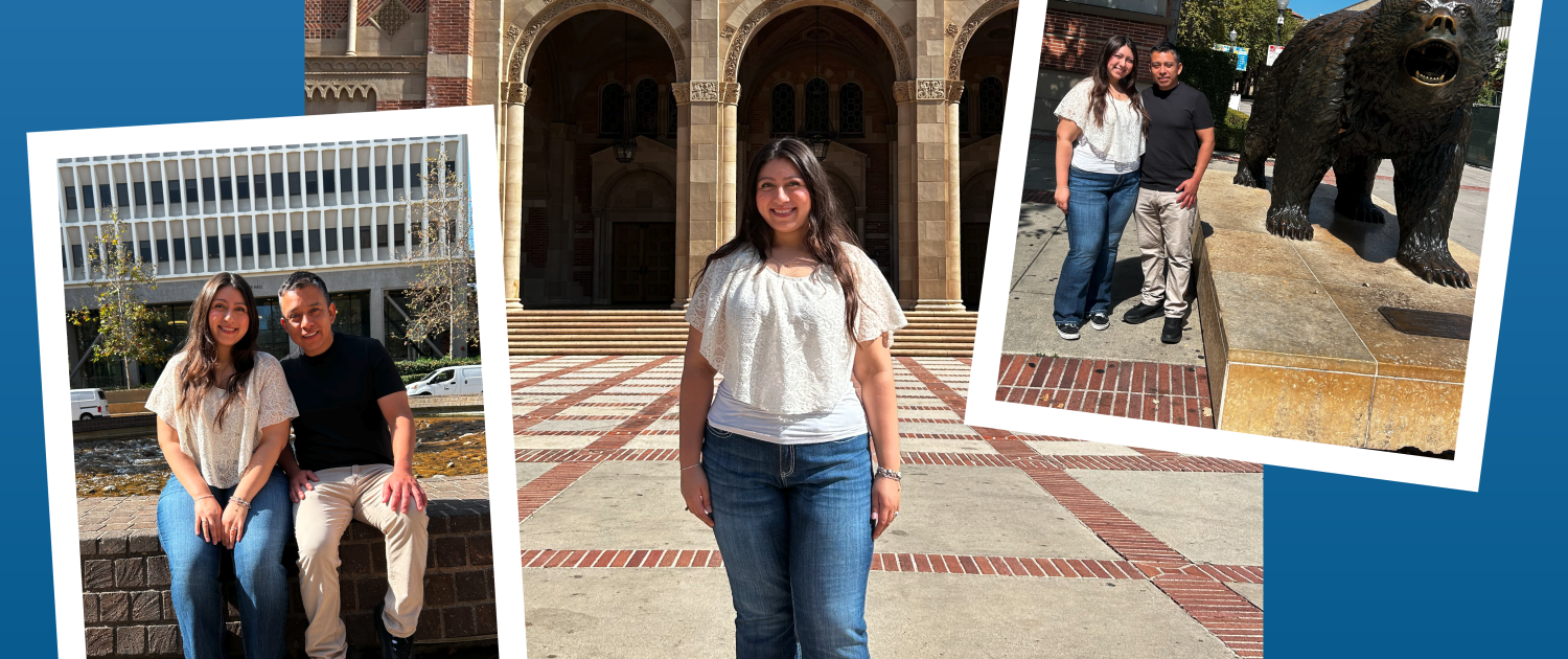 Newsroom-TransferStudents_v5 A collage of Nathaly Blas and her father, Jackson, on UCLA's campus against a blue background.
