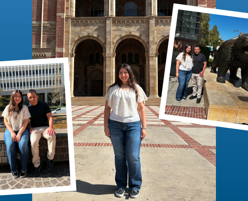 A collage of Nathaly Blas and her father, Jackson, on UCLA's campus against a blue background.