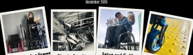 "At Eye Level / A la Altura de los Ojos — November 2026" featuring four polaroid photos: Karla in a standing frame, Charlie reaching, Felipe holding out a coffee cup, and a wheelchair wheel on yellow tactile paving.