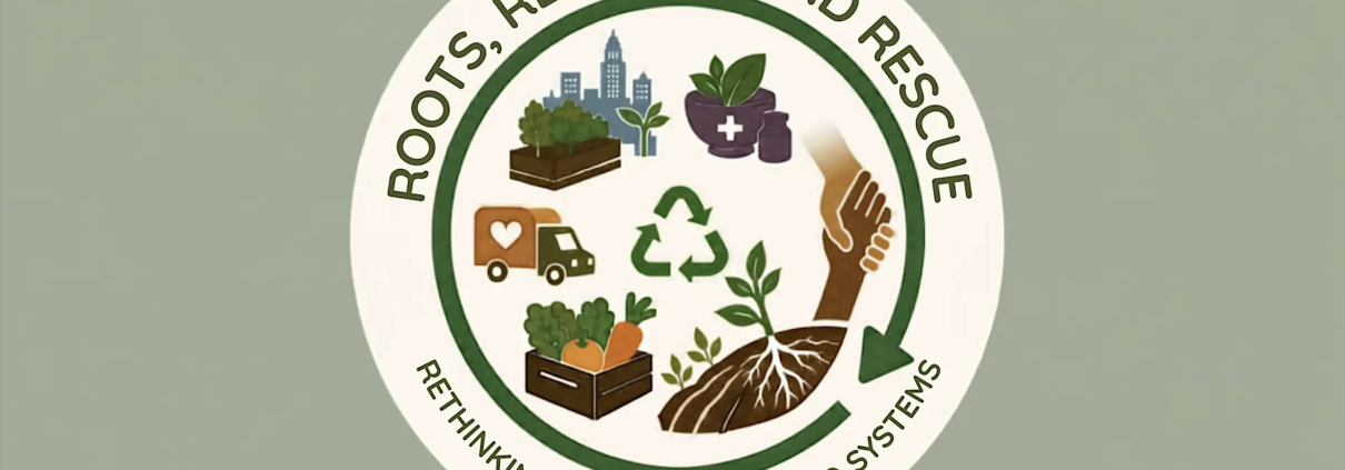 A circle filled with symbols of a sustainable food system including a produce box, shaking hands, a city with a raised garden bed in the foreground, and a plant.